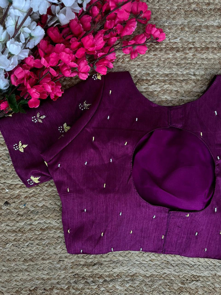 Purple Pearl-Embellished german silk Blouse with Handcrafted Golden Work ClothsVilla