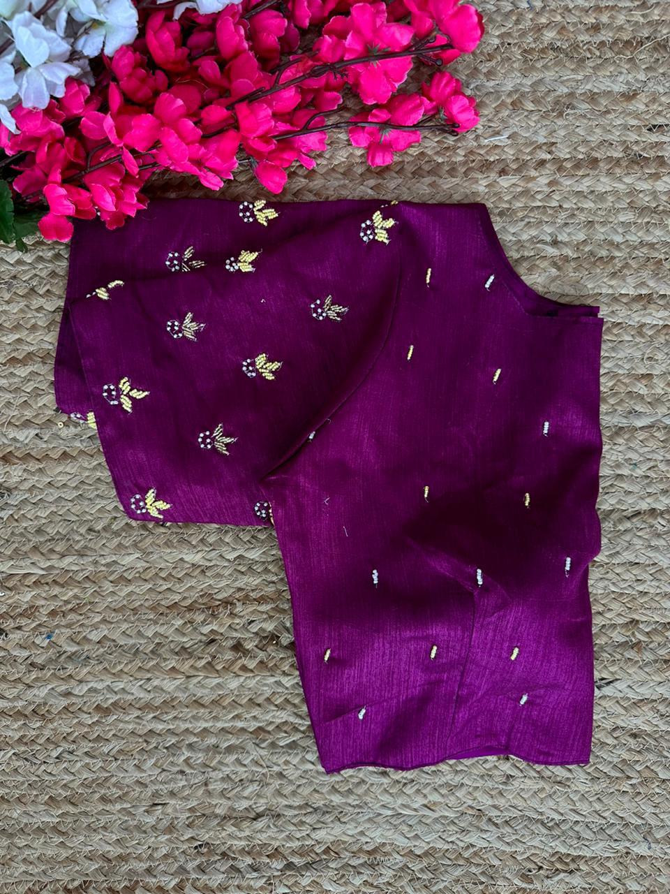 Purple Pearl-Embellished german silk Blouse with Handcrafted Golden Work Secondary image