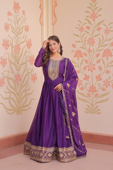 Purple Elegant Star Georgette Gown with Zari & Sequins Embroidery and Designer Dupatta ClothsVilla Main image