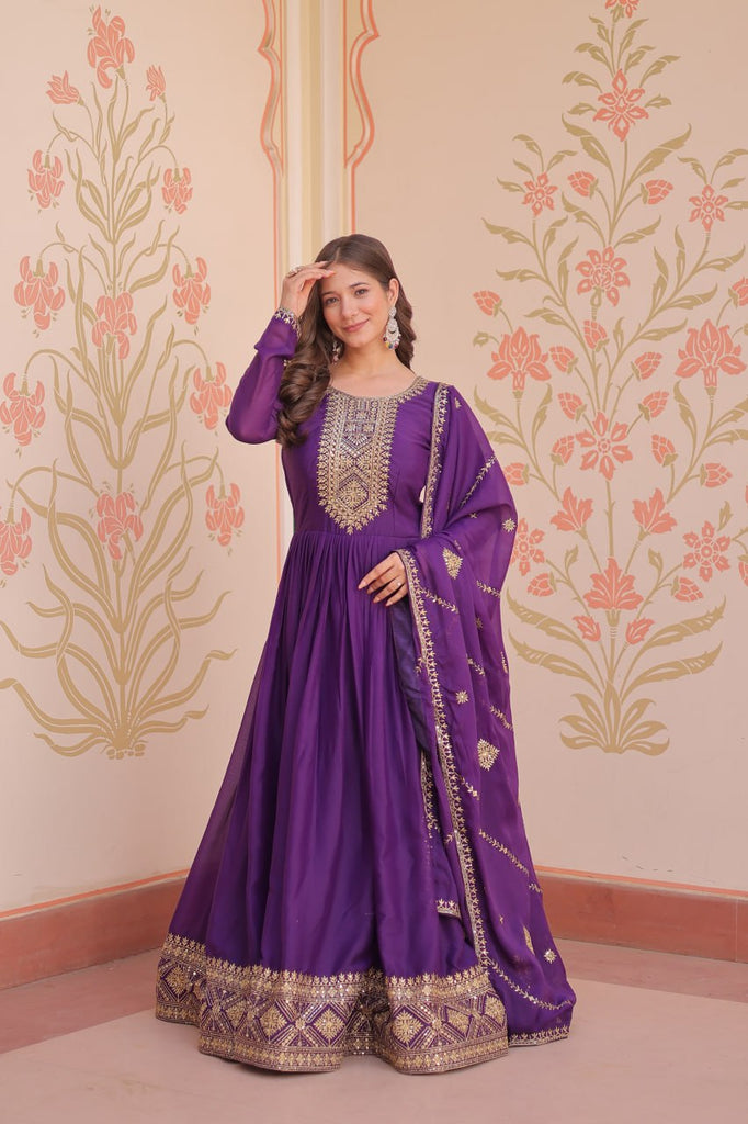 Purple Elegant Star Georgette Gown with Zari & Sequins Embroidery and Designer Dupatta ClothsVilla