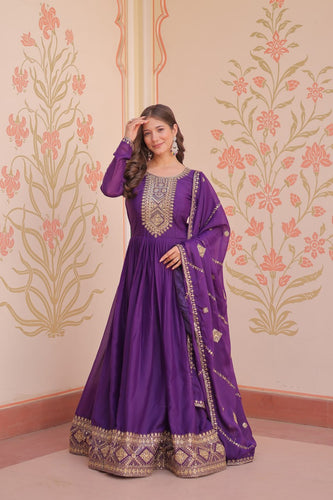 Purple Elegant Star Georgette Gown with Zari & Sequins Embroidery and Designer Dupatta ClothsVilla