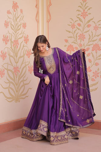 Purple Elegant Star Georgette Gown with Zari & Sequins Embroidery and Designer Dupatta ClothsVilla