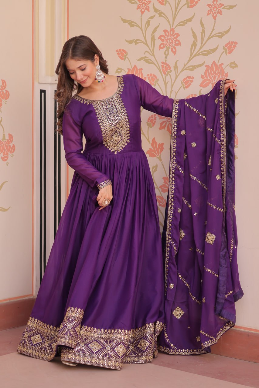 Purple Elegant Star Georgette Gown with Zari & Sequins Embroidery and Designer Dupatta ClothsVilla