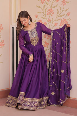 Purple Elegant Star Georgette Gown with Zari & Sequins Embroidery and Designer Dupatta ClothsVilla