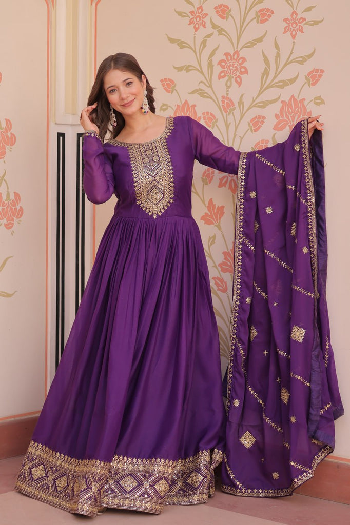 Purple Elegant Star Georgette Gown with Zari & Sequins Embroidery and Designer Dupatta ClothsVilla