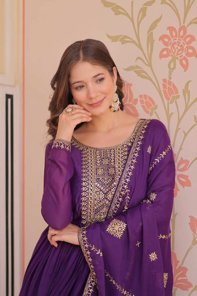 Purple Elegant Star Georgette Gown with Zari & Sequins Embroidery and Designer Dupatta ClothsVilla