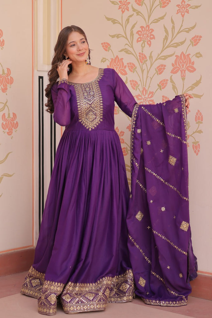 Purple Elegant Star Georgette Gown with Zari & Sequins Embroidery and Designer Dupatta ClothsVilla