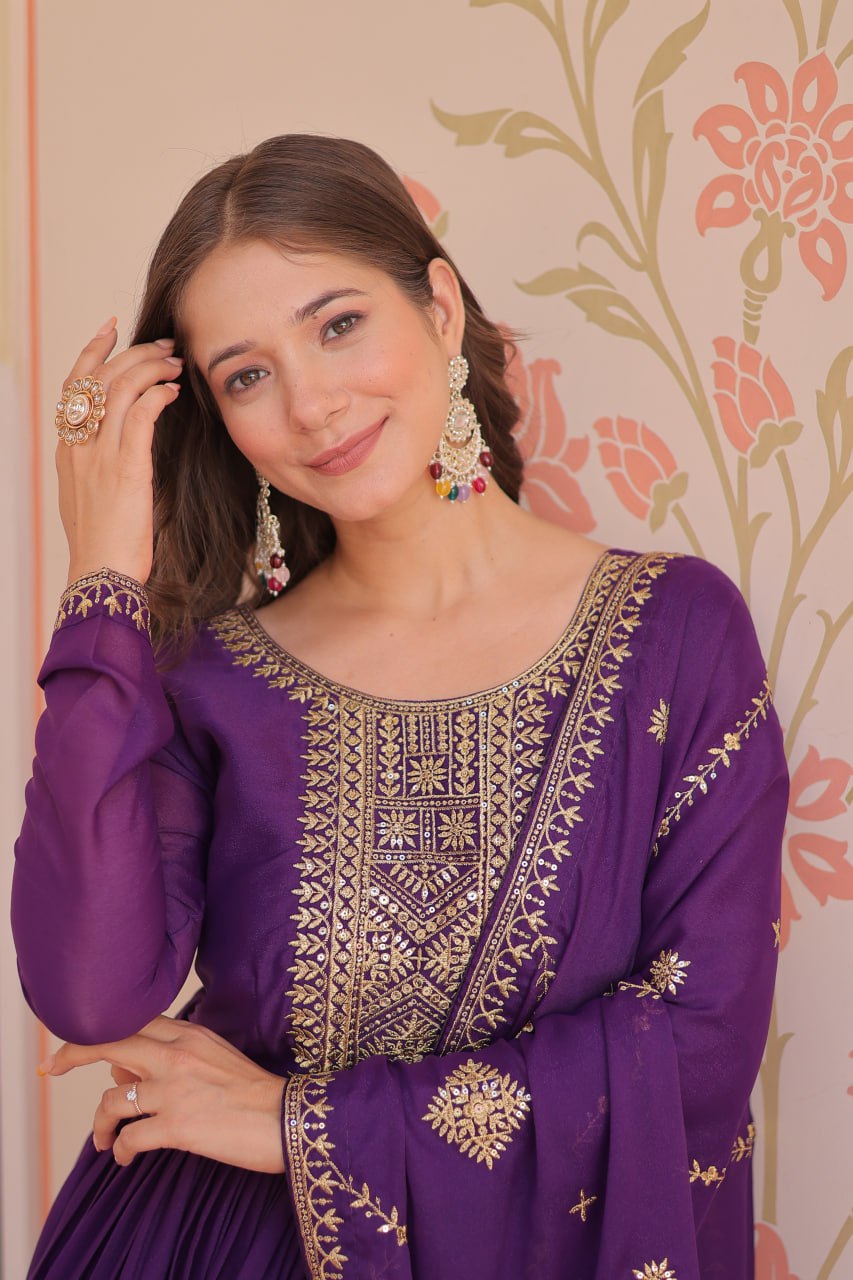 Purple Elegant Star Georgette Gown with Zari & Sequins Embroidery and Designer Dupatta ClothsVilla
