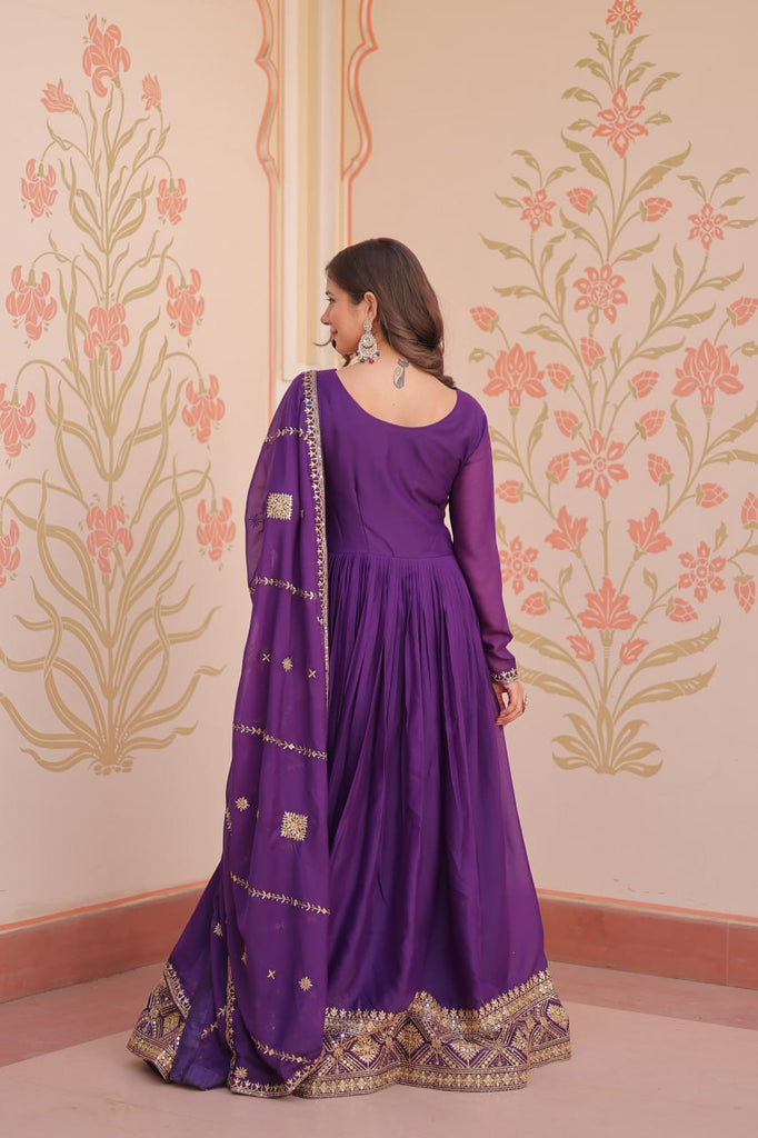 Purple Elegant Star Georgette Gown with Zari & Sequins Embroidery and Designer Dupatta ClothsVilla