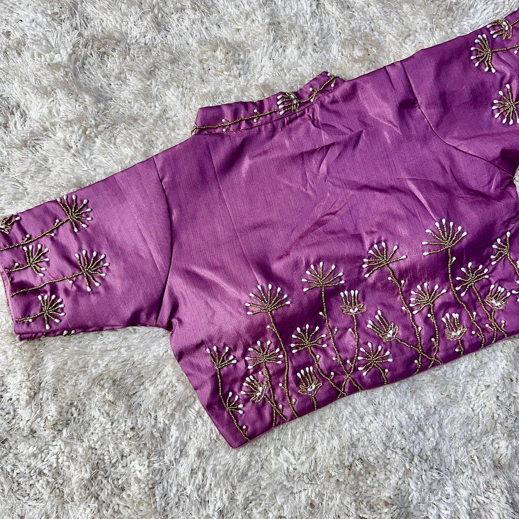 Purple Pista Silk Blouse with Handwork and Designer Handcrafted Collar ClothsVilla