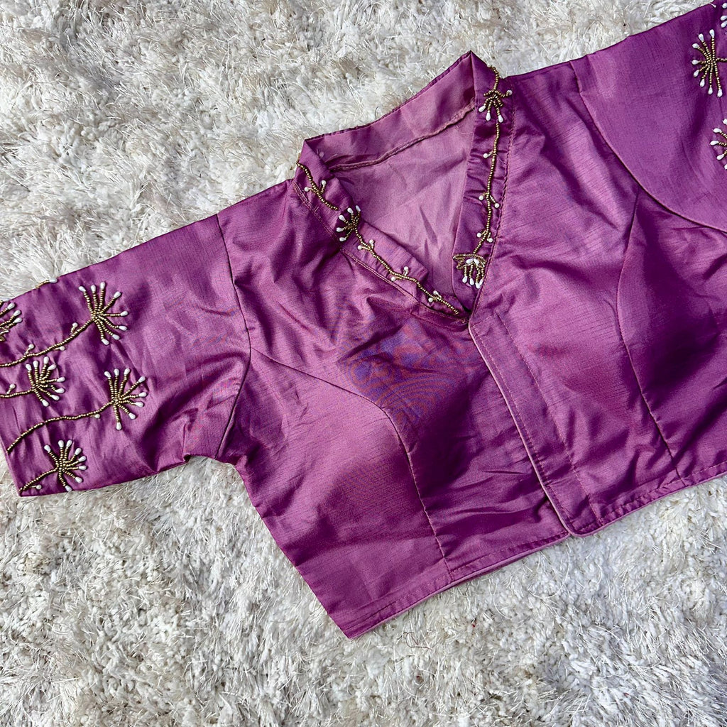 Purple Pista Silk Blouse with Handwork and Designer Handcrafted Collar ClothsVilla