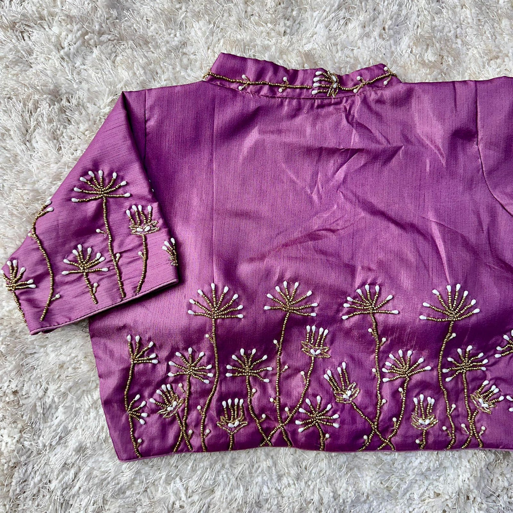 Purple Pista Silk Blouse with Handwork and Designer Handcrafted Collar ClothsVilla