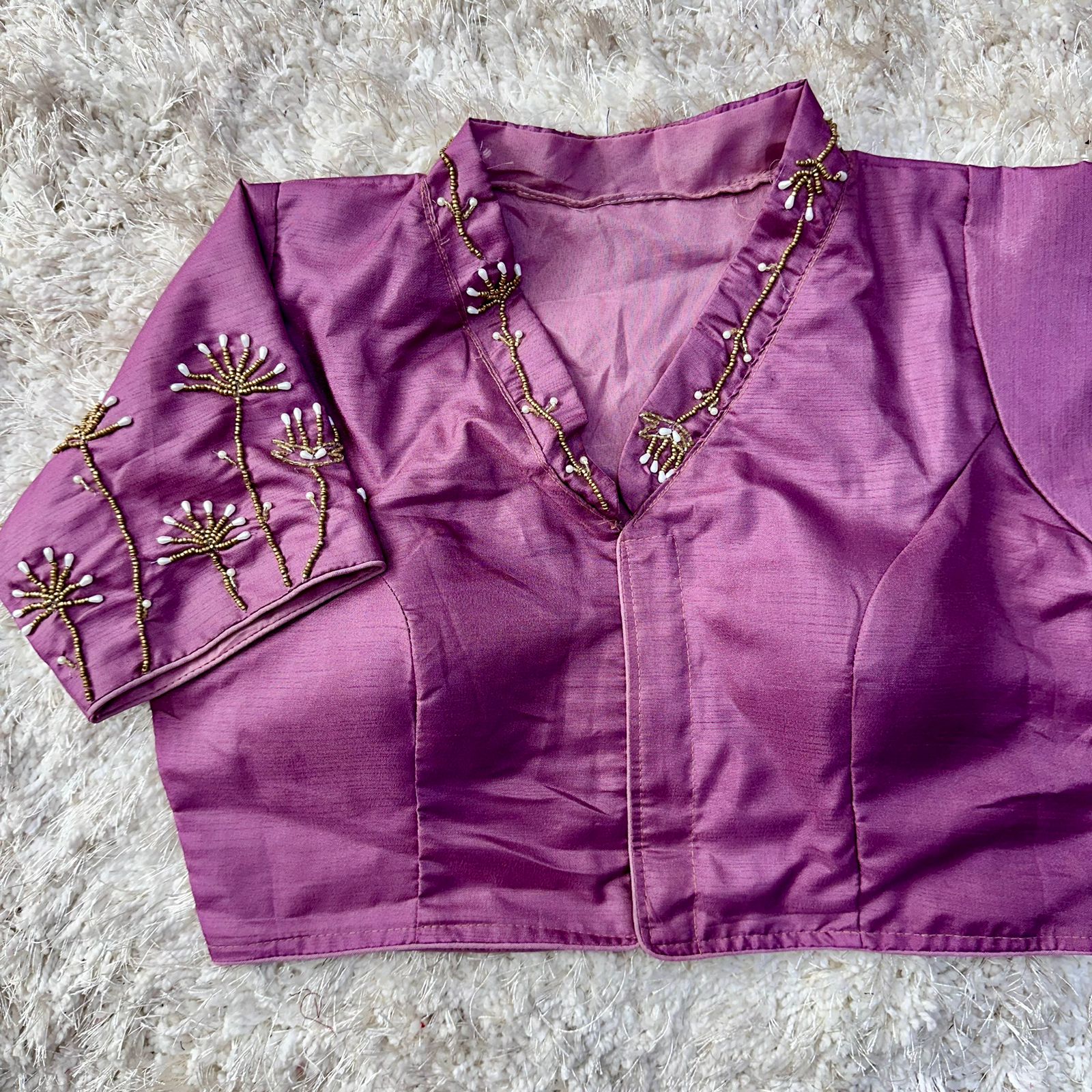 Purple Pista Silk Blouse with Handwork and Designer Handcrafted Collar ClothsVilla Main image