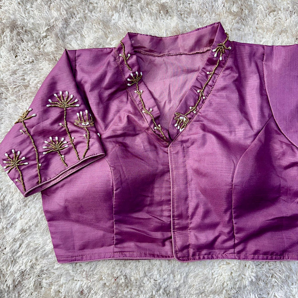 Purple Pista Silk Blouse with Handwork and Designer Handcrafted Collar ClothsVilla