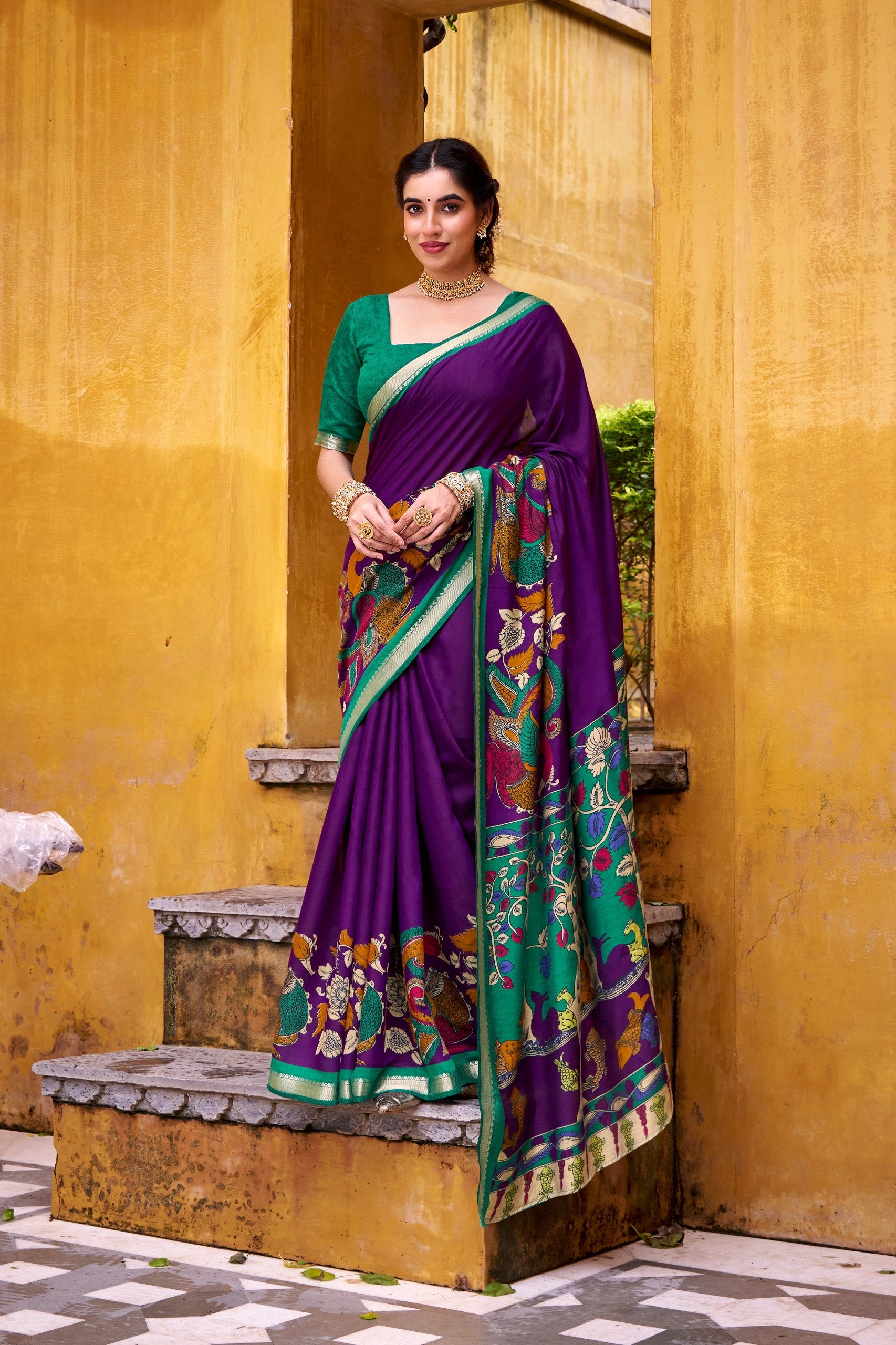 Purple Polyester Viscose Chanderi Saree with Kalamkari Print & Zari Weaving ClothsVilla Main image