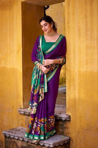 Purple Polyester Viscose Chanderi Saree with Kalamkari Print & Zari Weaving ClothsVilla