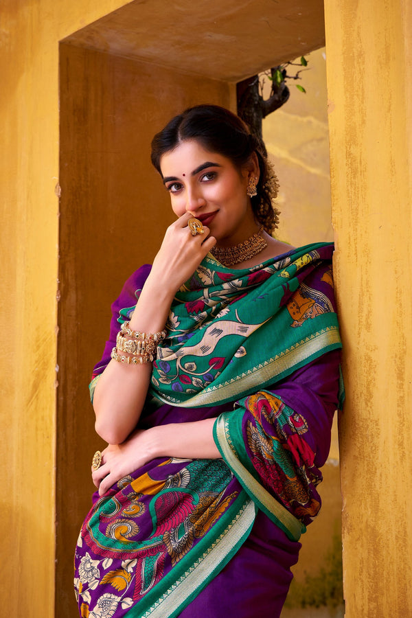 Purple Polyester Viscose Chanderi Saree with Kalamkari Print & Zari Weaving ClothsVilla