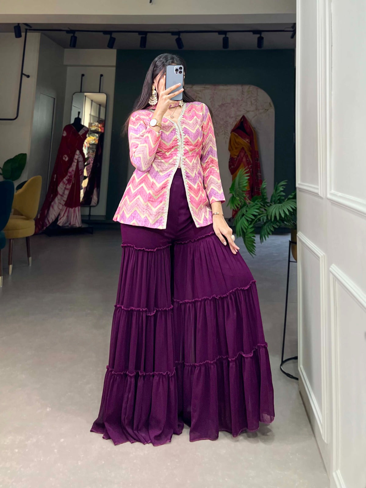 Purple Position Print Comfort Kurta Set with Palazzo Pants and Dupatta Secondary image