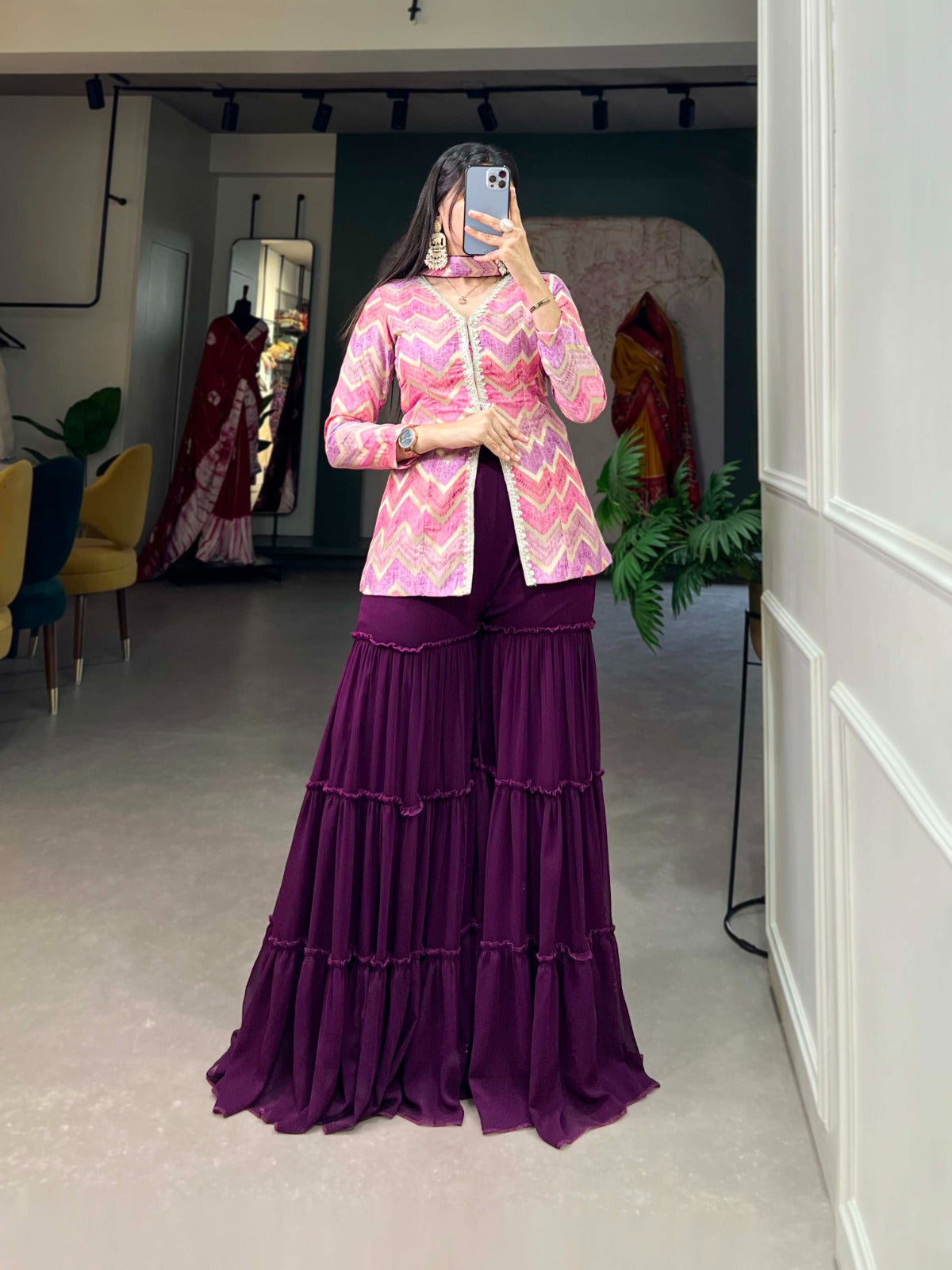 Purple Position Print Comfort Kurta Set with Palazzo Pants and Dupatta ClothsVilla Main image
