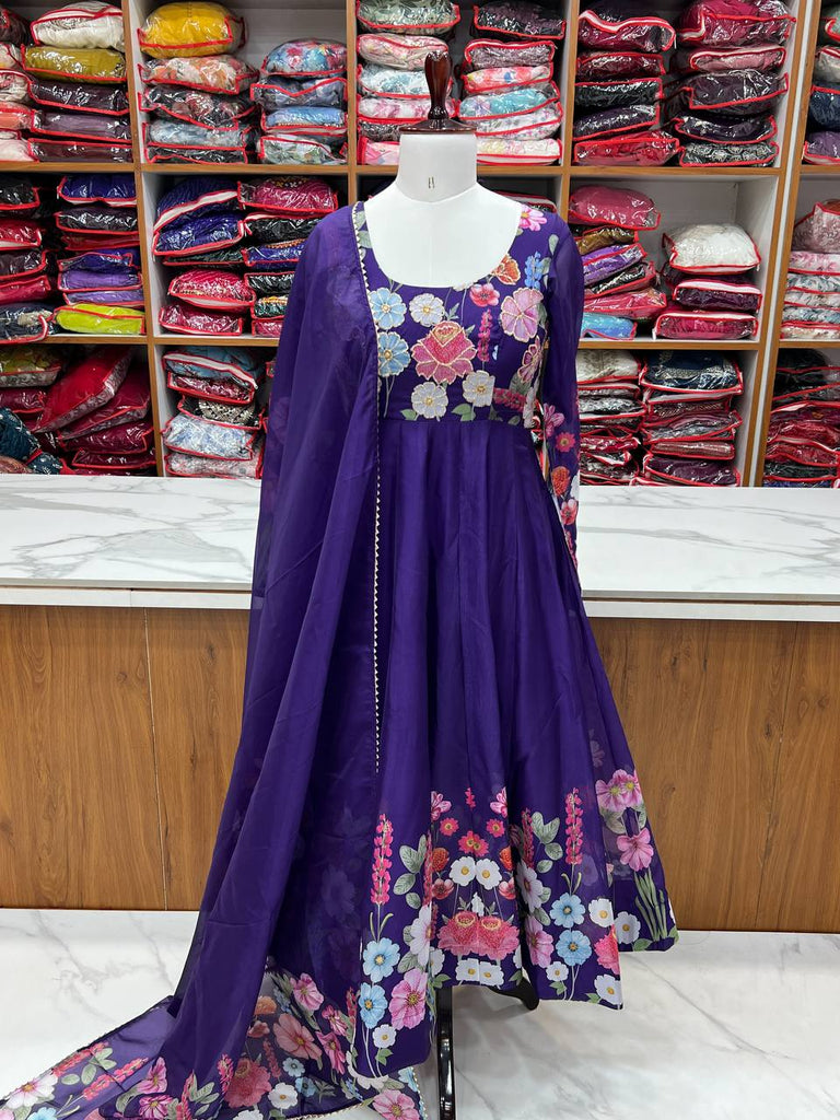 Purple Premium Bandhej Chiffon Anarkali Set ClothsVilla