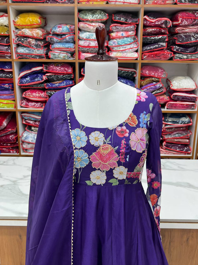 Purple Premium Bandhej Chiffon Anarkali Set ClothsVilla