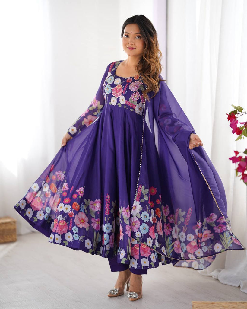 Purple Premium Bandhej Chiffon Anarkali Set ClothsVilla