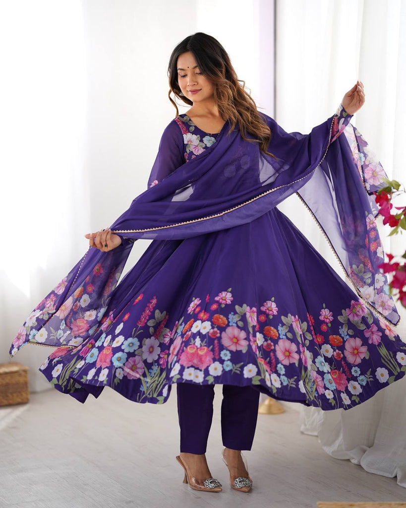 Purple Premium Bandhej Chiffon Anarkali Set ClothsVilla