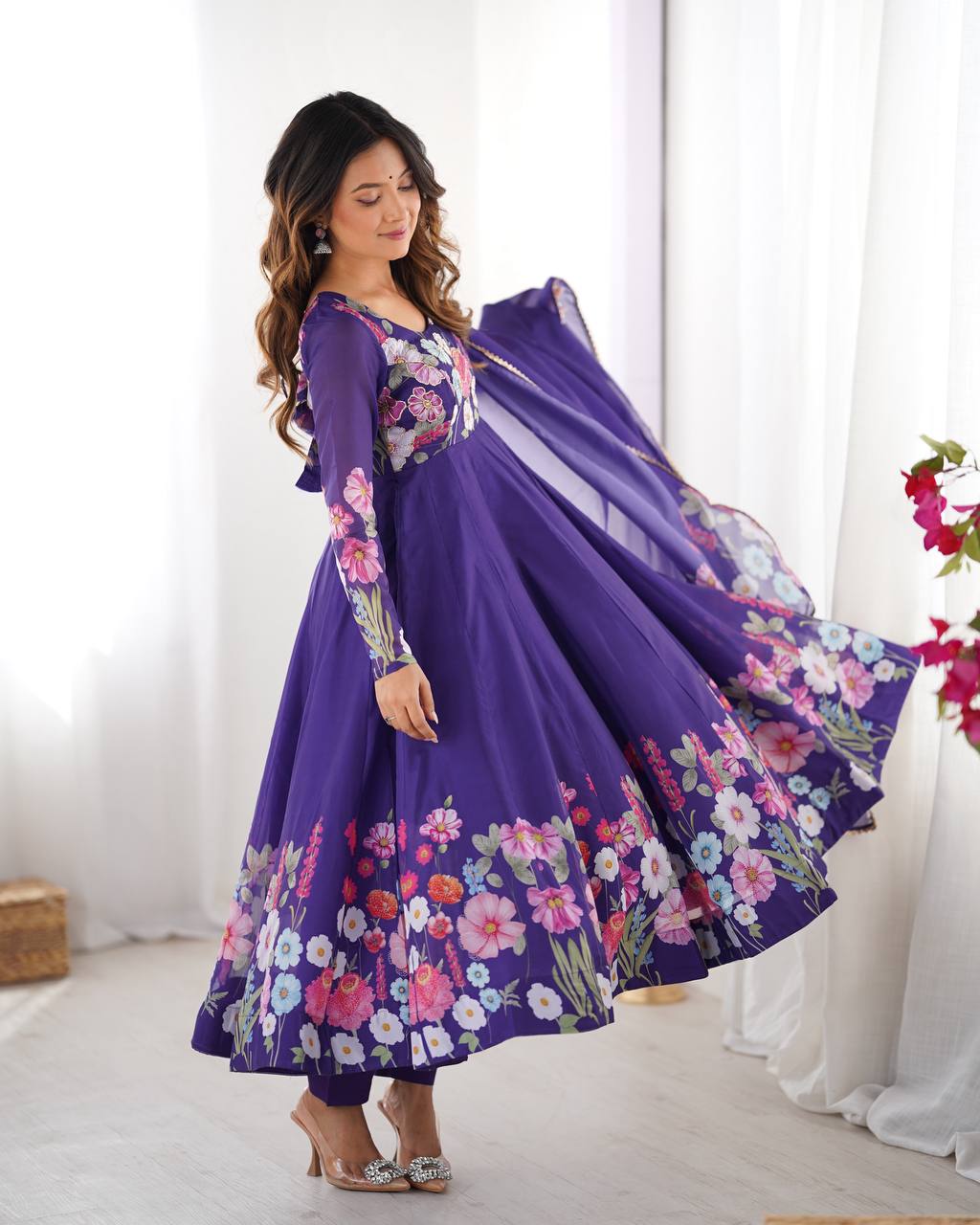 Purple Premium Bandhej Chiffon Anarkali Set ClothsVilla