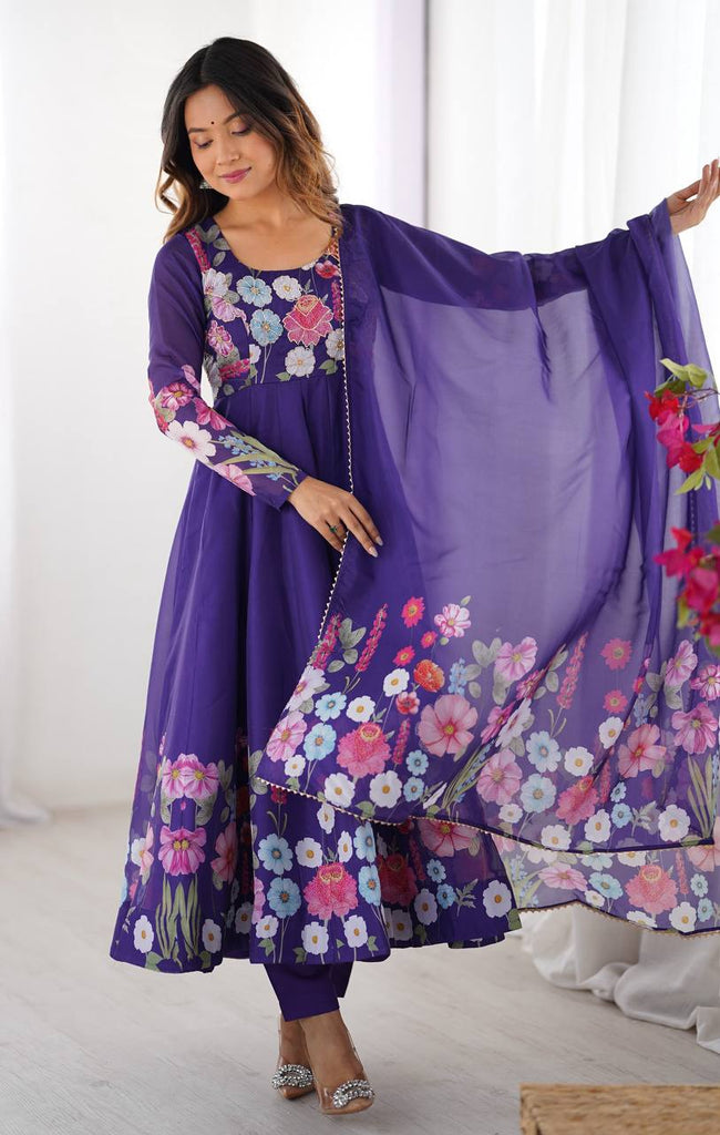 Purple Premium Bandhej Chiffon Anarkali Set ClothsVilla
