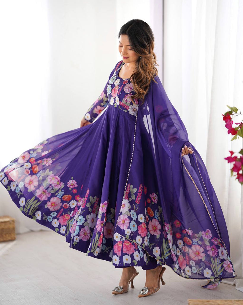 Purple Premium Bandhej Chiffon Anarkali Set ClothsVilla