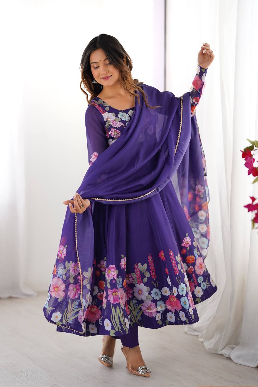 Purple Premium Bandhej Chiffon Anarkali Set ClothsVilla