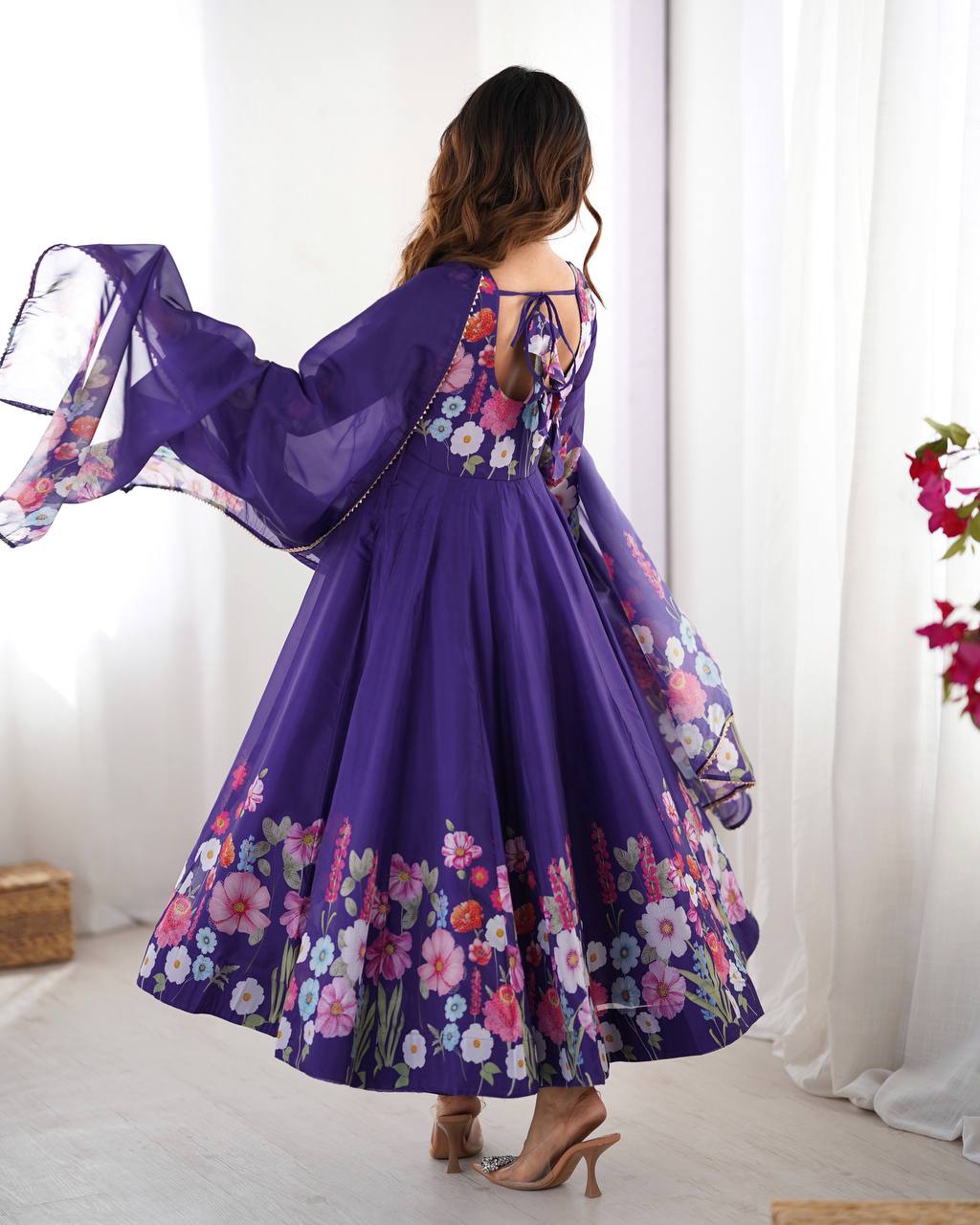 Purple Premium Bandhej Chiffon Anarkali Set ClothsVilla