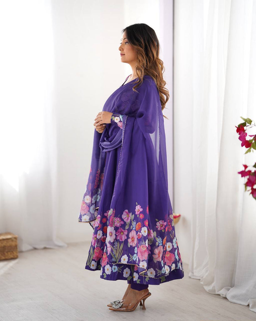 Purple Premium Bandhej Chiffon Anarkali Set ClothsVilla