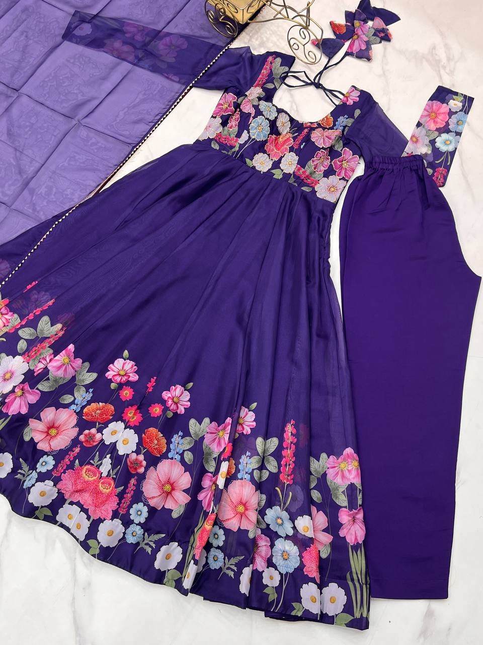 Purple Premium Bandhej Chiffon Anarkali Set ClothsVilla