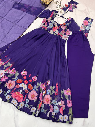 Purple Premium Bandhej Chiffon Anarkali Set ClothsVilla