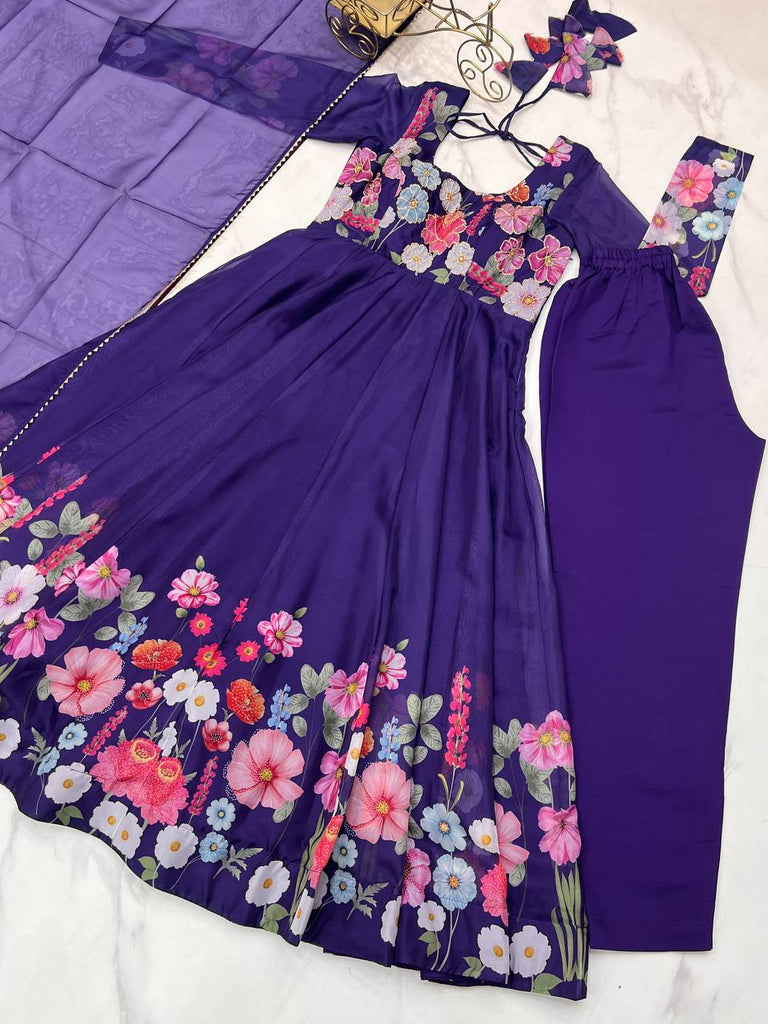 Purple Premium Bandhej Chiffon Anarkali Set ClothsVilla