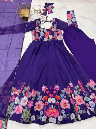 Purple Premium Bandhej Chiffon Anarkali Set ClothsVilla