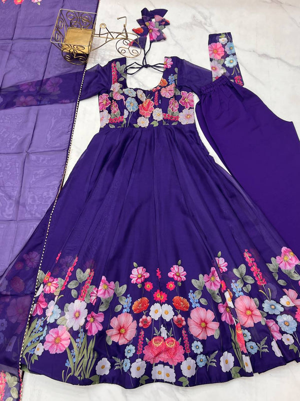 Purple Premium Bandhej Chiffon Anarkali Set ClothsVilla