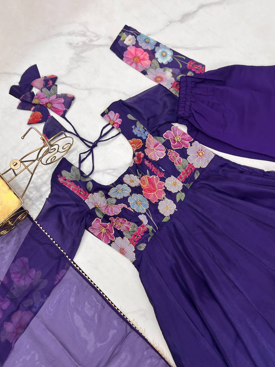 Purple Premium Bandhej Chiffon Anarkali Set ClothsVilla