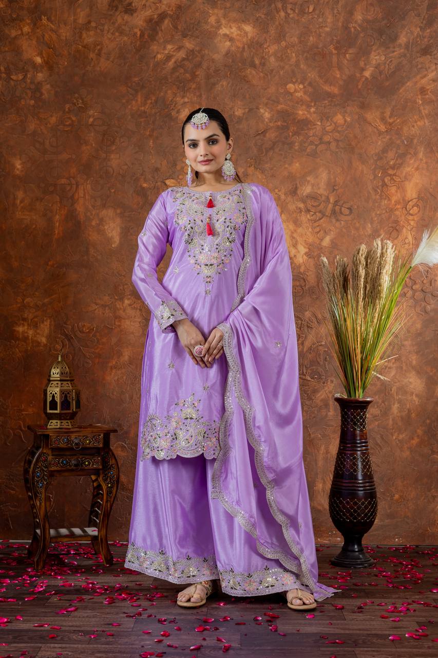 Purple Premium Designer Chinon Silk Party Wear Top, Plazzo & Dupatta Set Main image