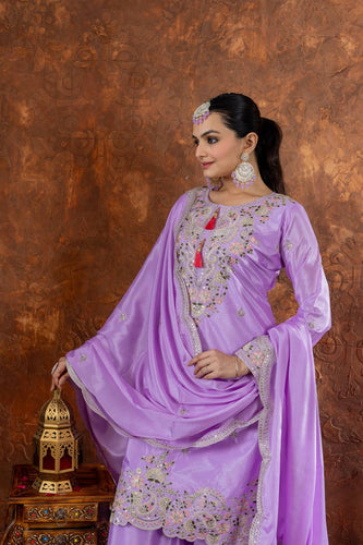 Purple Premium Designer Chinon Silk Party Wear Top, Plazzo & Dupatta Set