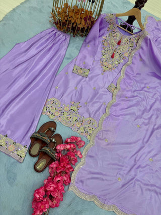 Purple Premium Designer Chinon Silk Party Wear Top, Plazzo & Dupatta Set