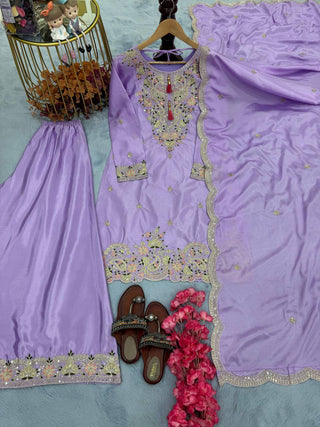 Purple Premium Designer Chinon Silk Party Wear Top, Plazzo & Dupatta Set
