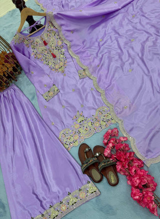 Purple Premium Designer Chinon Silk Party Wear Top, Plazzo & Dupatta Set