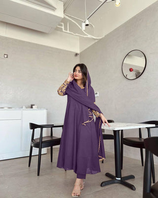 Purple Premium Designer Party Wear Anarkali Gown, Dupatta & Bottom Set Clothsvilla