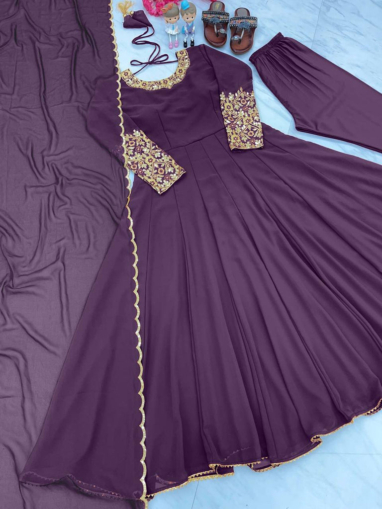 Purple Premium Designer Party Wear Anarkali Gown, Dupatta & Bottom Set Clothsvilla