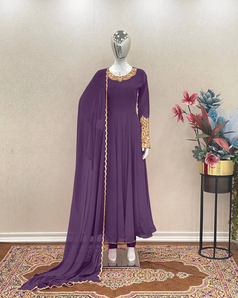 Purple Premium Designer Party Wear Anarkali Gown, Dupatta & Bottom Set Clothsvilla