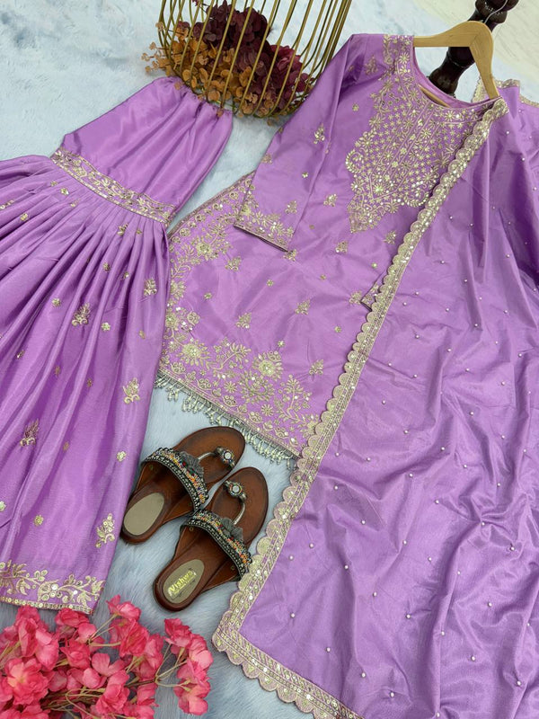 Purple Premium Designer Party Wear Chinon Silk Top, Plazzo & Dupatta Set Clothsvilla