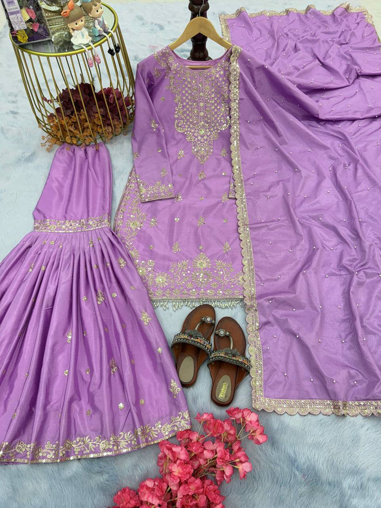 Purple Premium Designer Party Wear Chinon Silk Top, Plazzo & Dupatta Set Clothsvilla