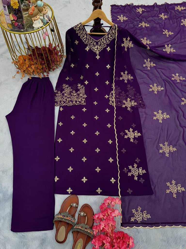 Purple Premium Designer Party Wear Faux Georgette Top, Bottom & Dupatta Set Clothsvilla